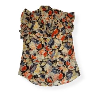 {Theory} Silk Tie-neck Ruffle Floral Blouse